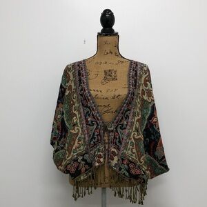 BOK Boho Bohemian Tapestry Mixed Print Cardigan Shawl Short Kimono with Fringe
